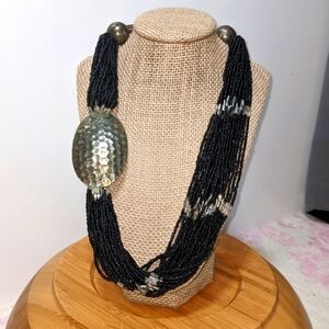 Vintage Layered Black Bead and Silver Statement Necklace